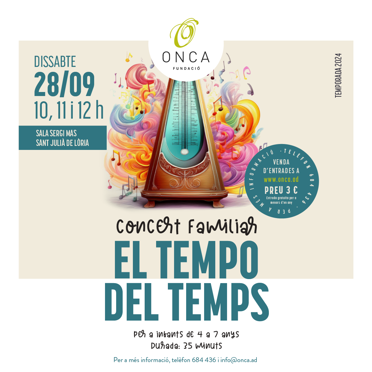 El 28 de setembre tindrà lloc l’espectacle infantil de creació pròpia El tempo del temps, dirigit per Juanma Casero