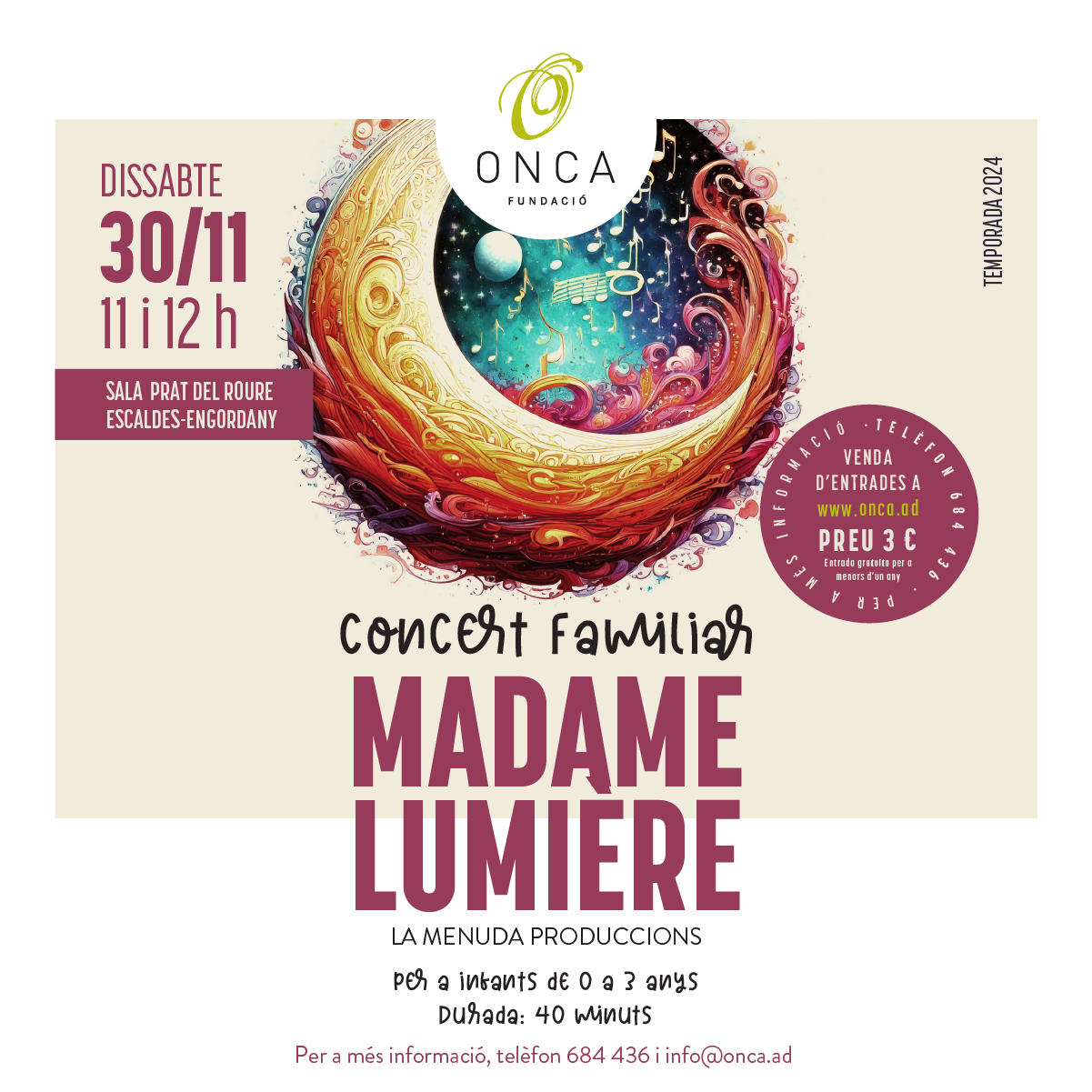 El 30 de novembre tindrà lloc el darrer concert familiar de la temporada 2024 de la Fundació ONCA  